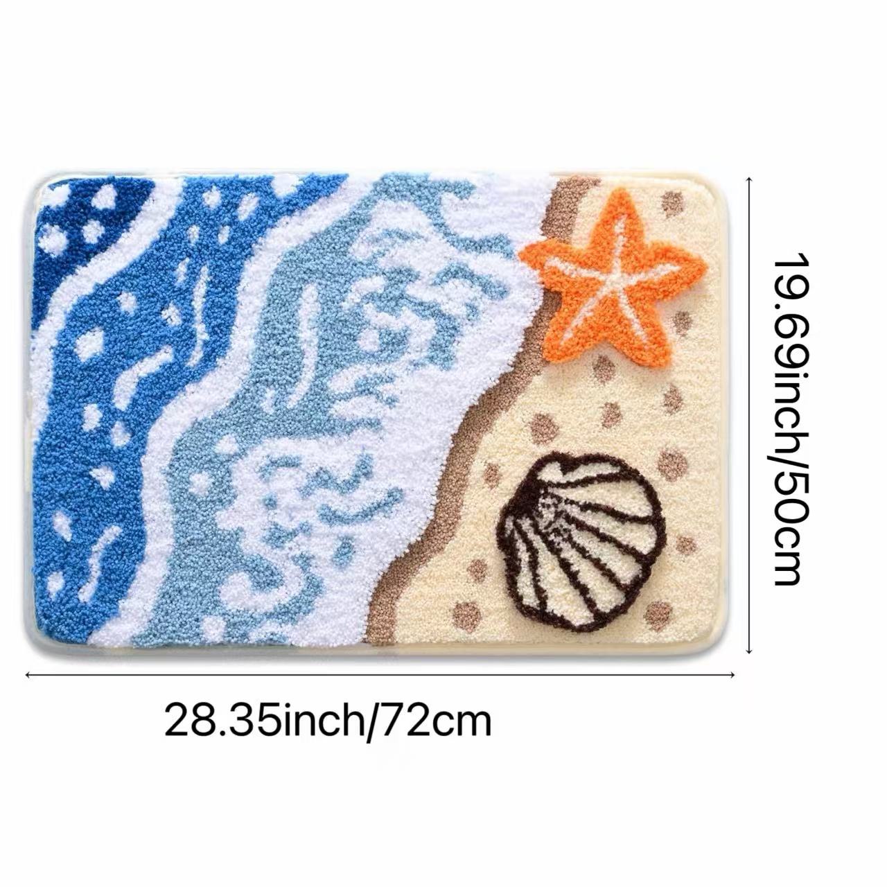 Coastal Nautical Bath Mat - Soft Microfiber Non-Slip Washable Bathroom Rug, Beach Ocean Wave Starfish Shell Themed Colorful Decor Carpet