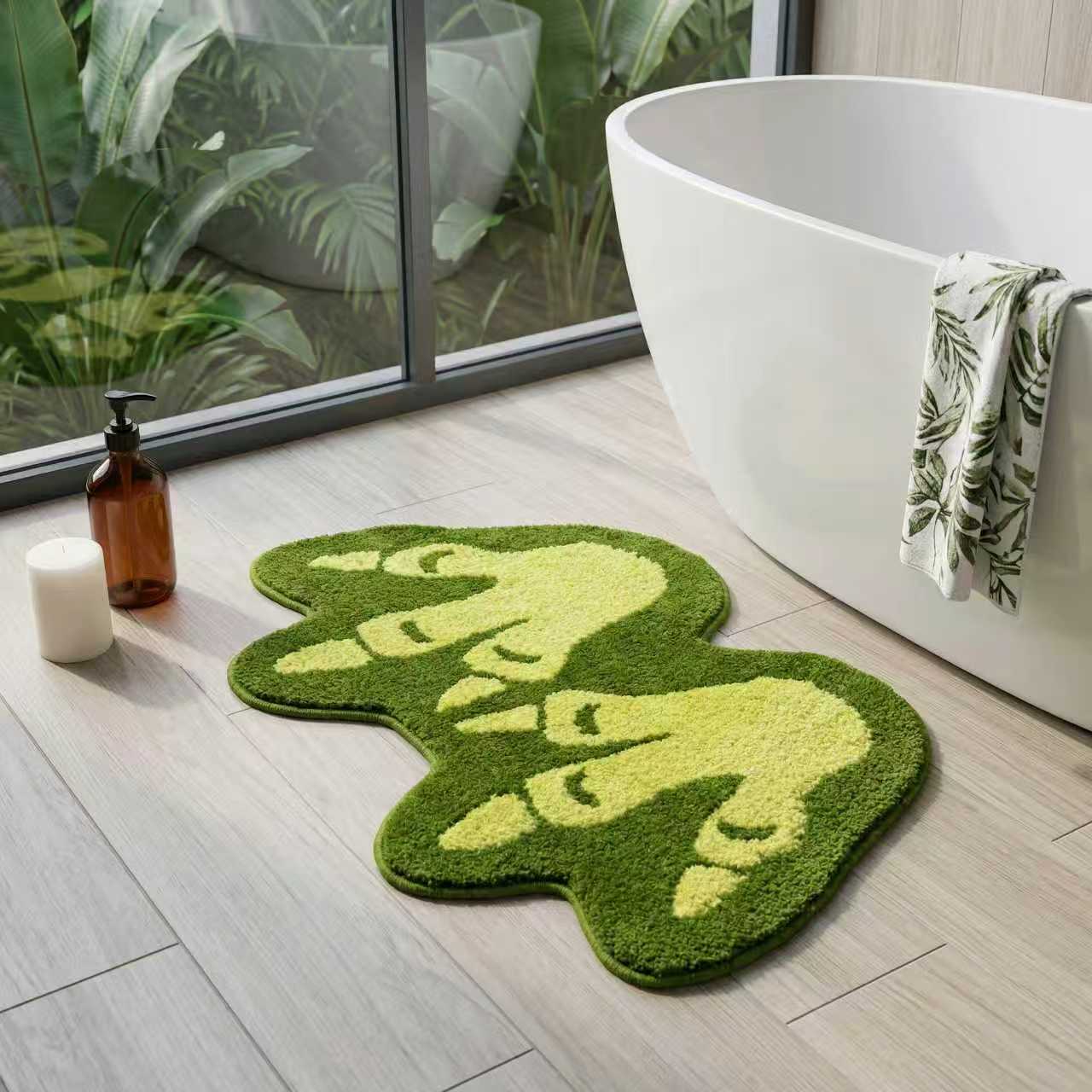 Funny Tufted Dinosaur Footprints Bath Rug, Non-Slip Aqua Green Bath Mat, Machine-Washable Floor Mat for Bathroom Decor