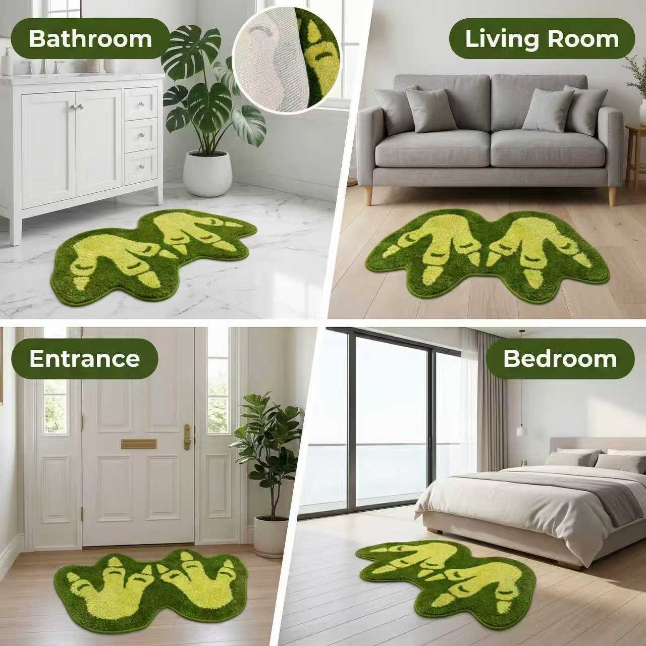 Funny Tufted Dinosaur Footprints Bath Rug, Non-Slip Aqua Green Bath Mat, Machine-Washable Floor Mat for Bathroom Decor