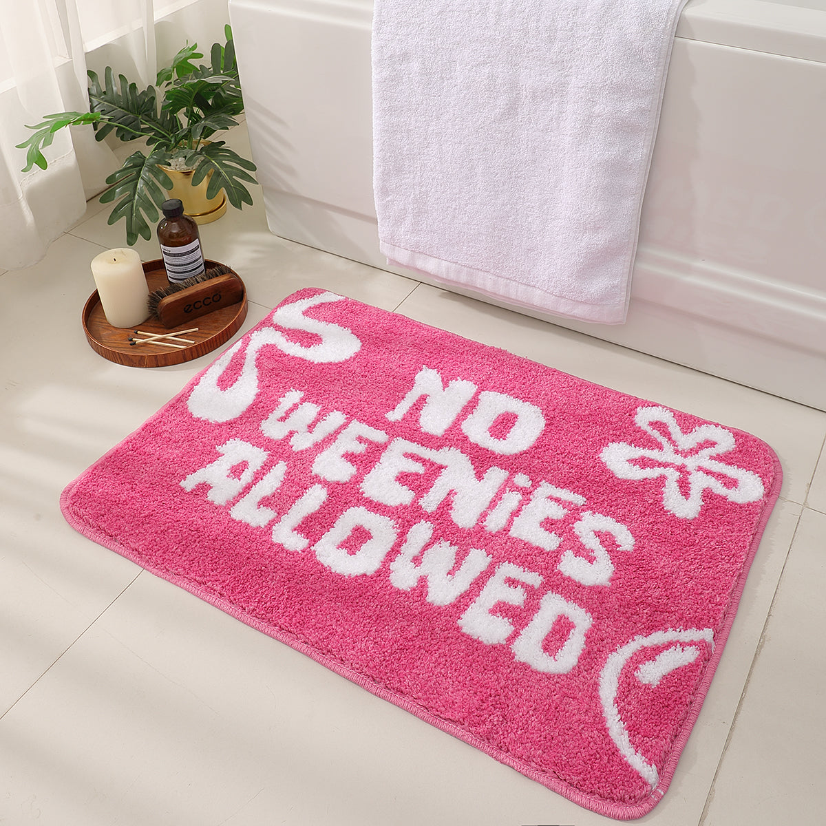 pink no weenies allowed bathroom mat