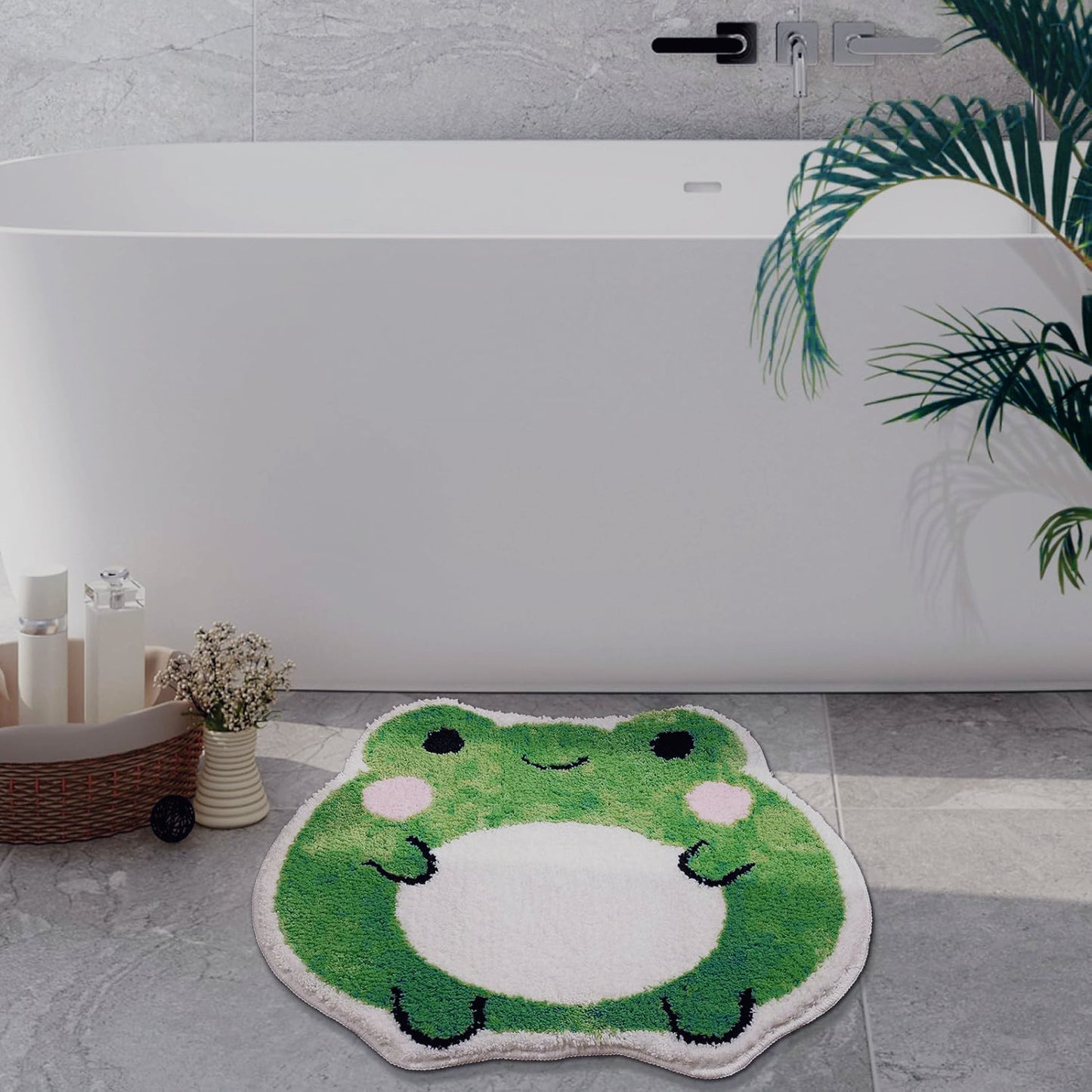 Cute Non Slip Frog Bath Rug, Luxury Absorbent Shaggy Shower Rug, Fun Animal Shaped Washable Bathroom Decor