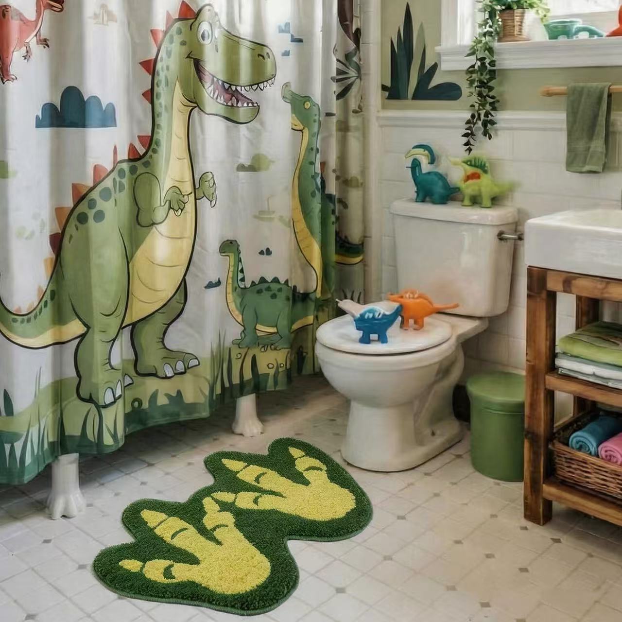 Funny Tufted Dinosaur Footprints Bath Rug, Non-Slip Aqua Green Bath Mat, Machine-Washable Floor Mat for Bathroom Decor