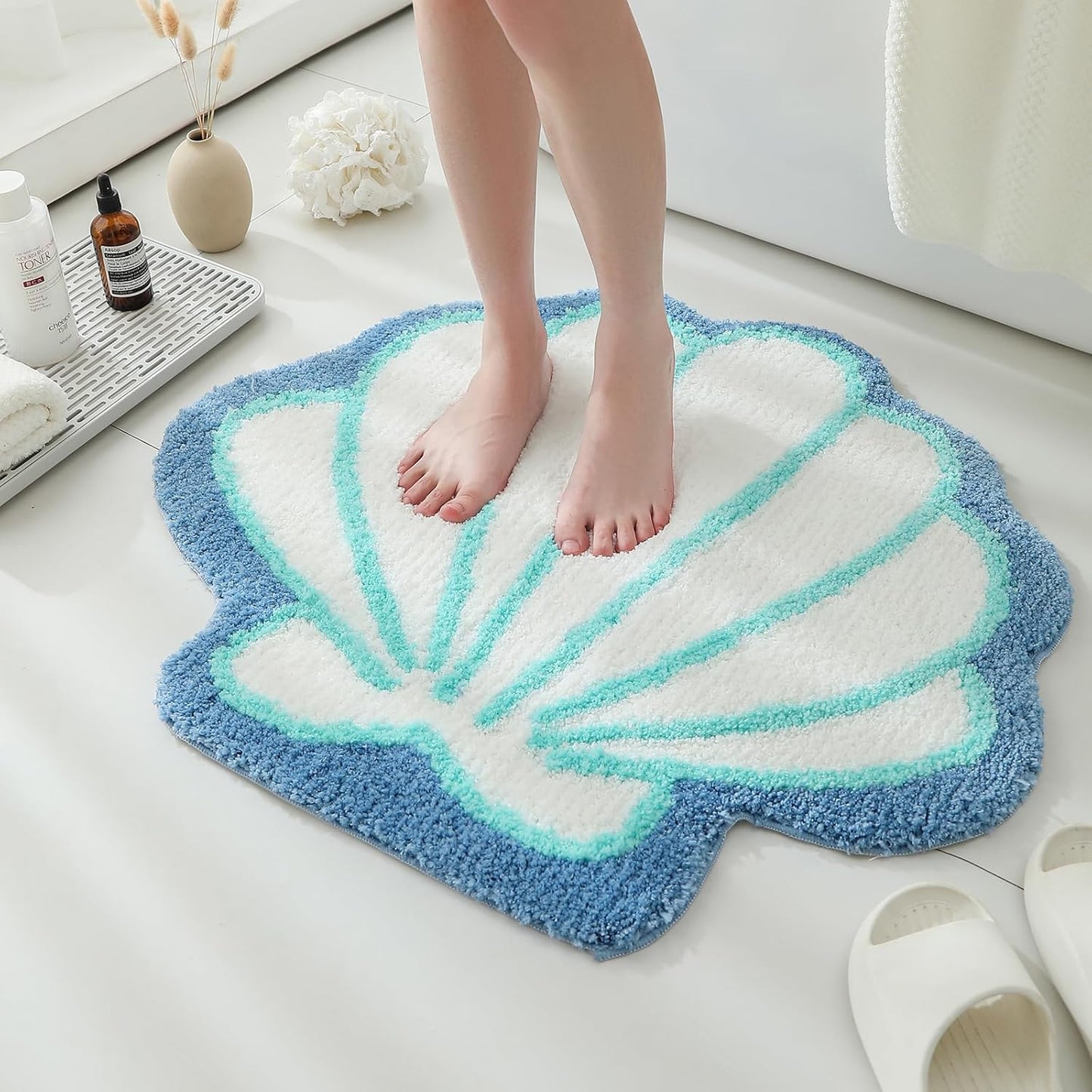 Blue Seashell Ocean Theme Bathroom Rug