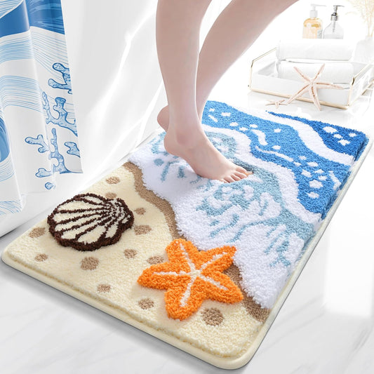 Coastal Nautical Bath Mat - Soft Microfiber Non-Slip Washable Bathroom Rug, Beach Ocean Wave Starfish Shell Themed Colorful Decor Carpet