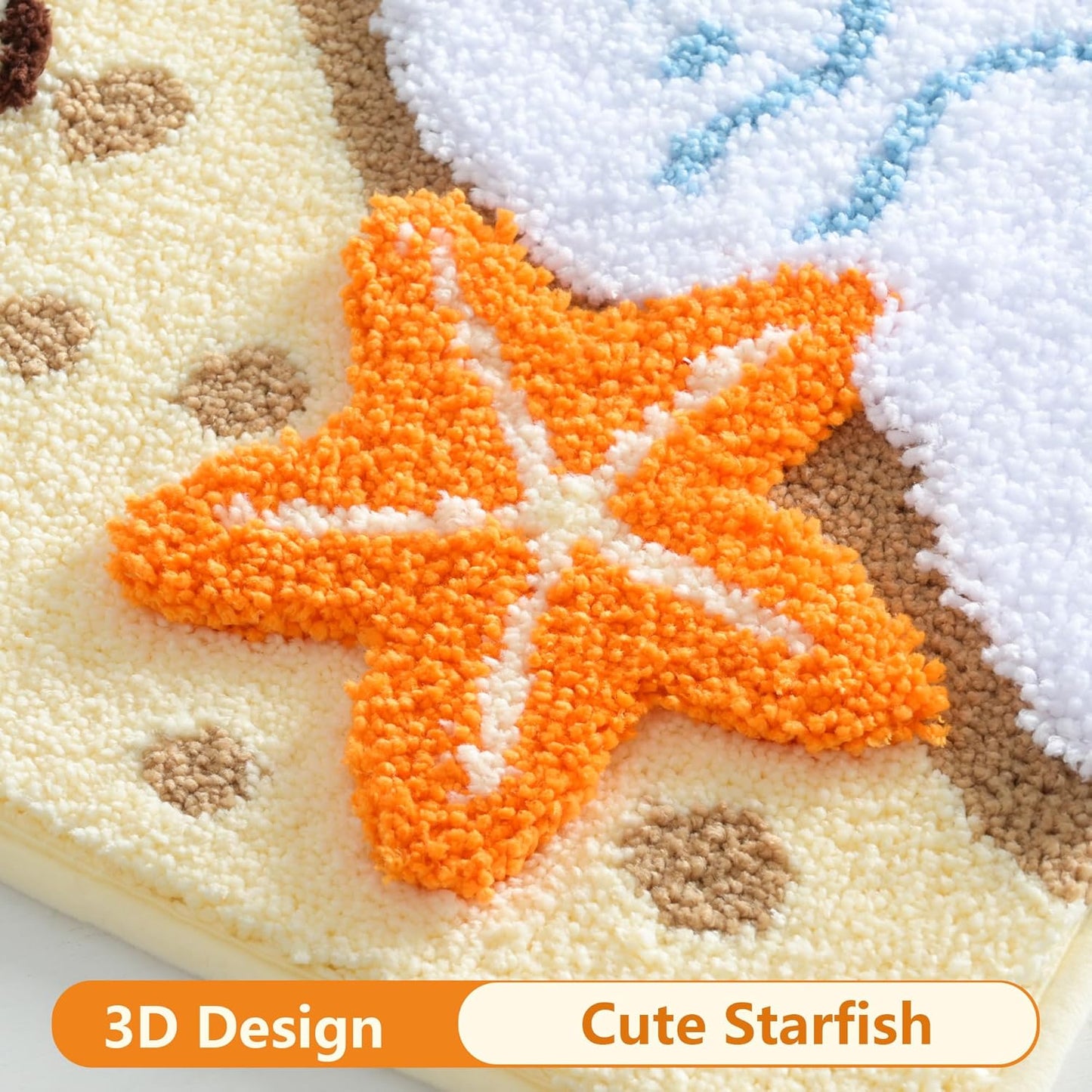 Coastal Nautical Bath Mat - Soft Microfiber Non-Slip Washable Bathroom Rug, Beach Ocean Wave Starfish Shell Themed Colorful Decor Carpet