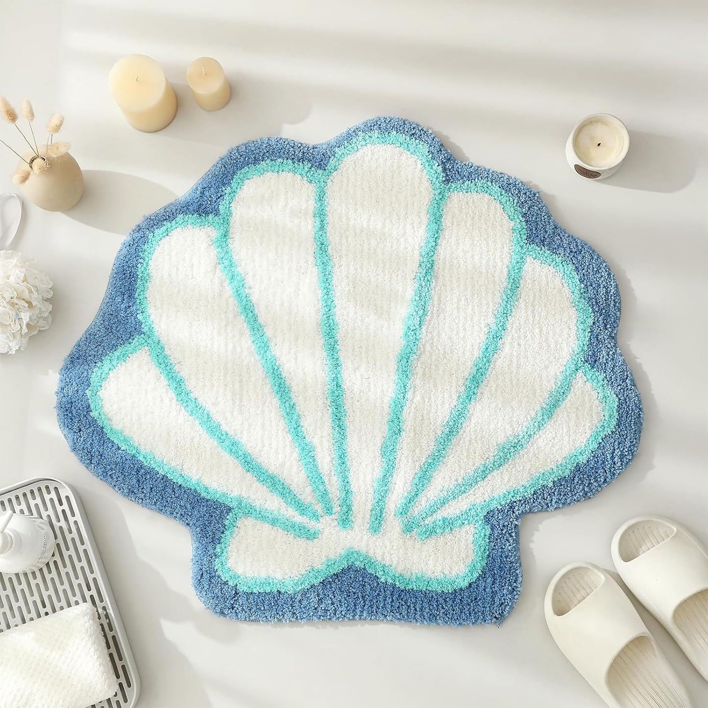 Blue Seashell Ocean Theme Bathroom Rug