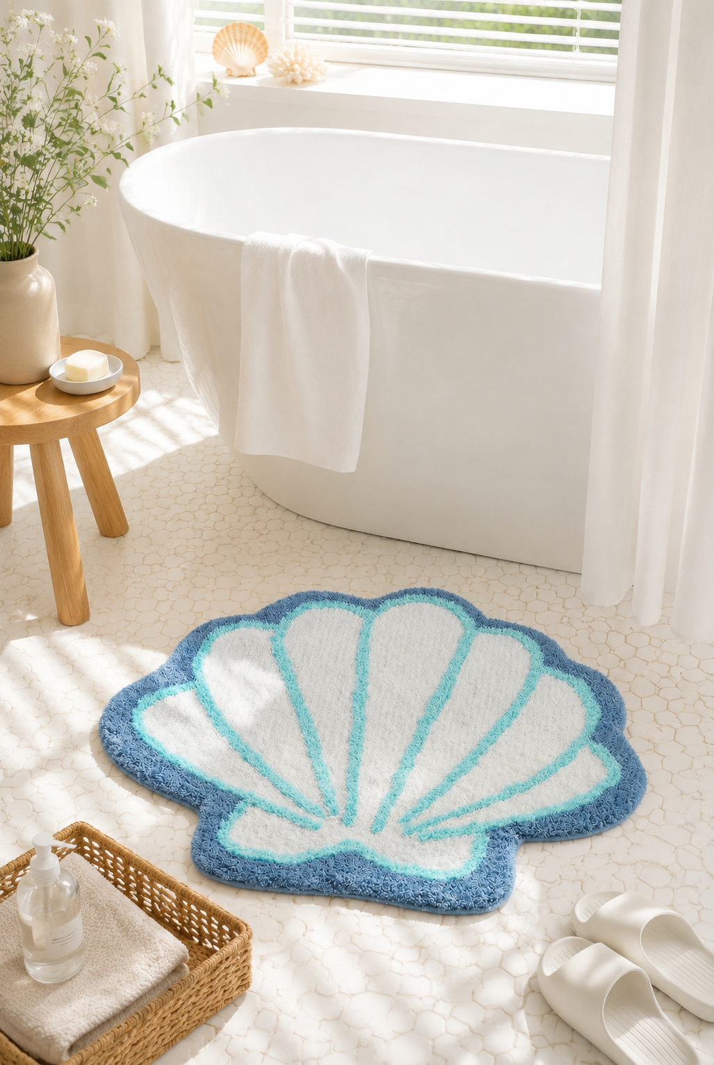 Blue Seashell Ocean Theme Bathroom Rug