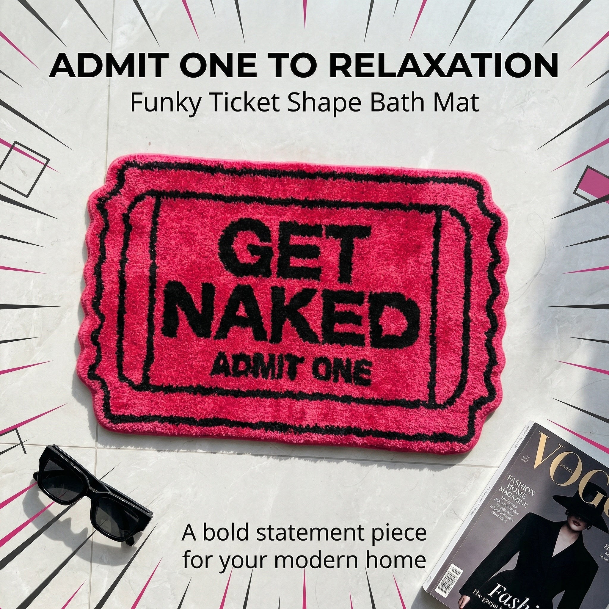 Get Naked Funny Cute Pink Ticket Bathroom Mat