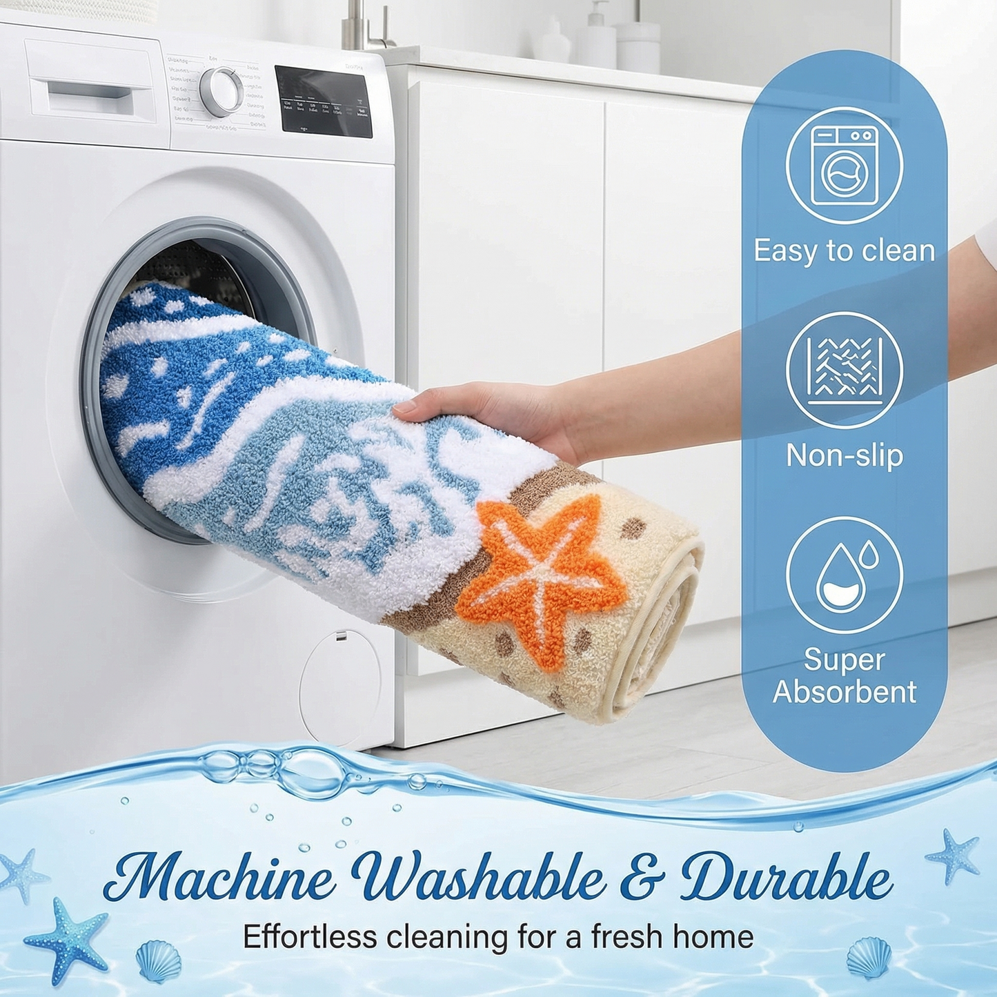 Coastal Nautical Bath Mat - Soft Microfiber Non-Slip Washable Bathroom Rug, Beach Ocean Wave Starfish Shell Themed Colorful Decor Carpet